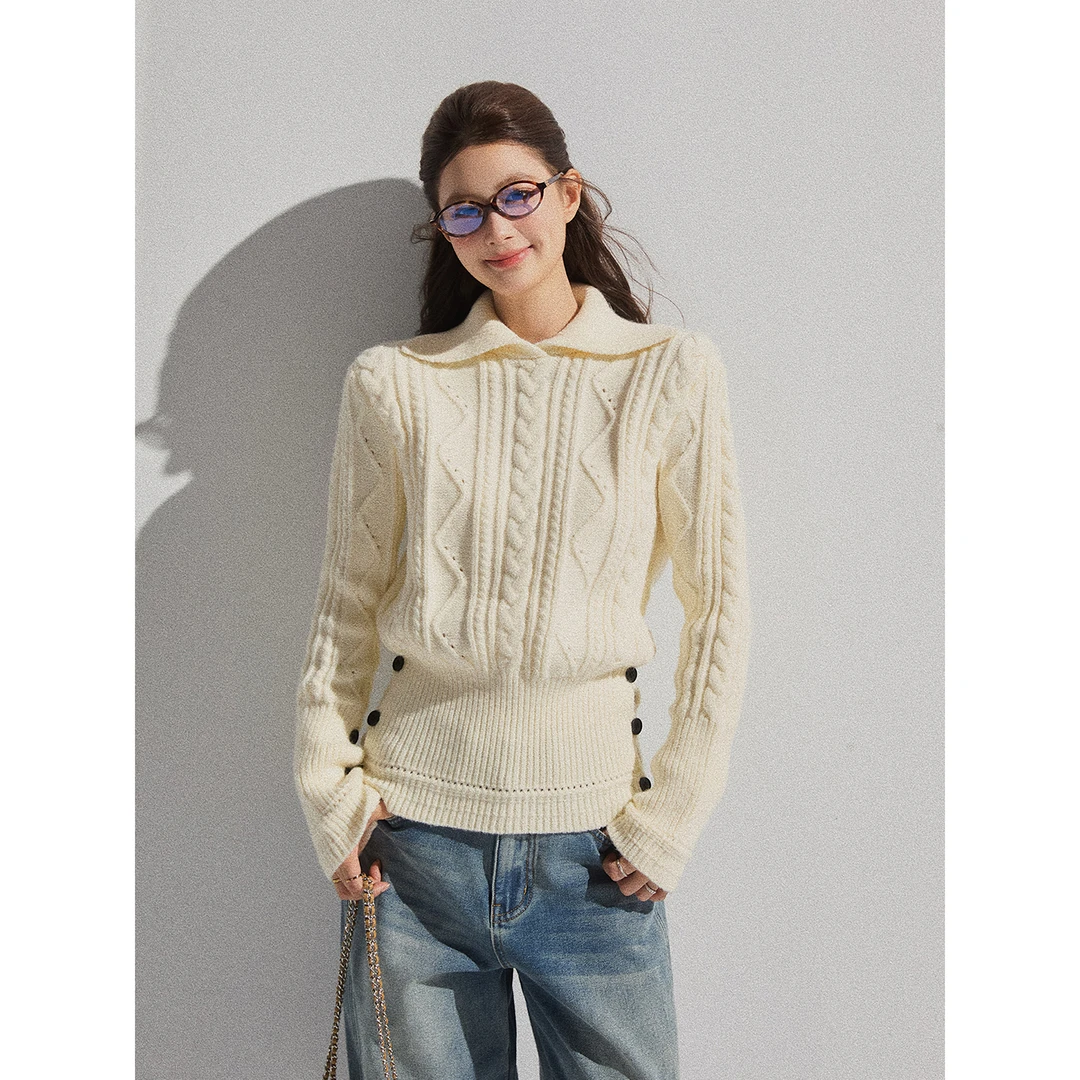 谢不肉 翻领绞花收腰毛衣女秋季韩版显瘦休闲宽松针织上衣5421