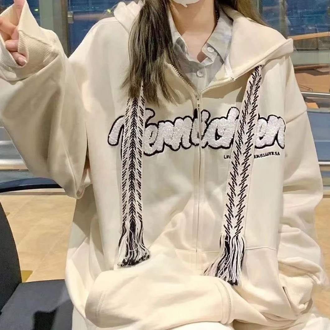 美式复古刺绣字母连帽卫衣外套女春秋季宽松百搭开衫外套030