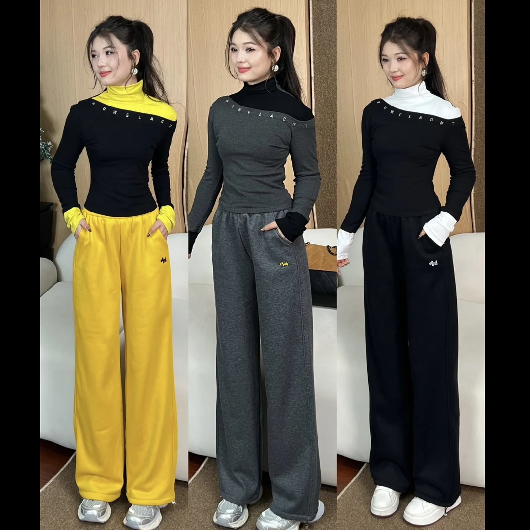 AL新款运动套装斜领铆钉长袖T恤女修身显瘦小众设计感时尚
