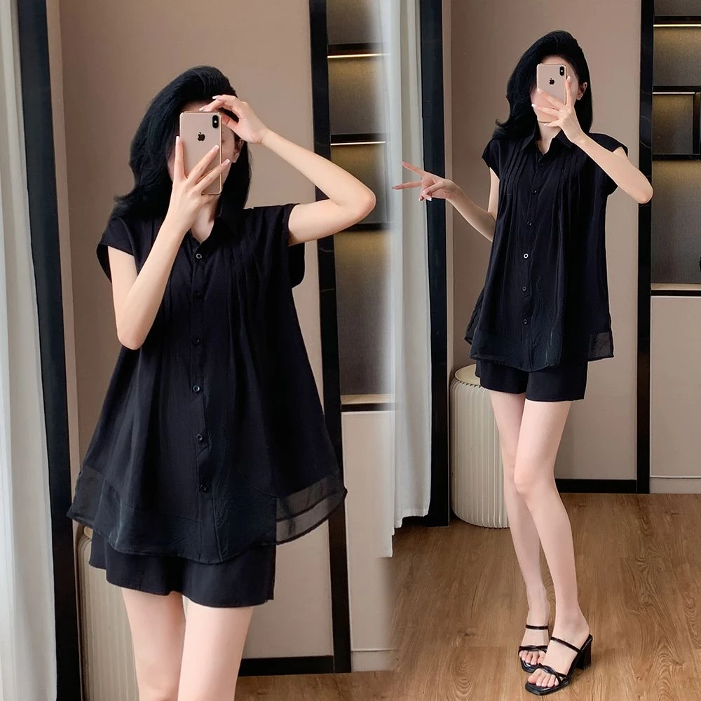 大码休闲超好看衬衫减龄套装夏季胖妹妹复古时尚遮肚子短裤两件套
