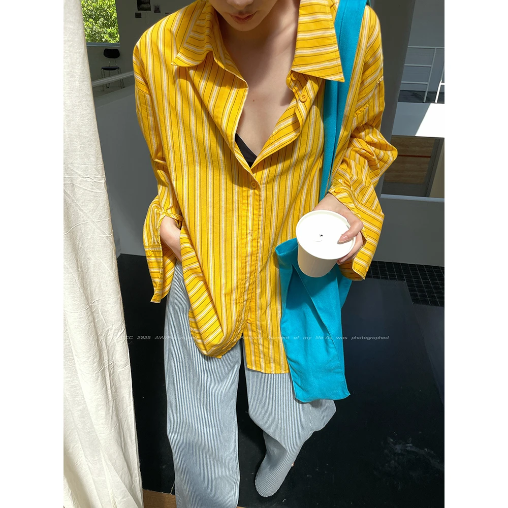 JCCC影子【蜂蜜线】黄色竖条纹叠穿精梳棉廓形长袖衬衣JE5BAC10