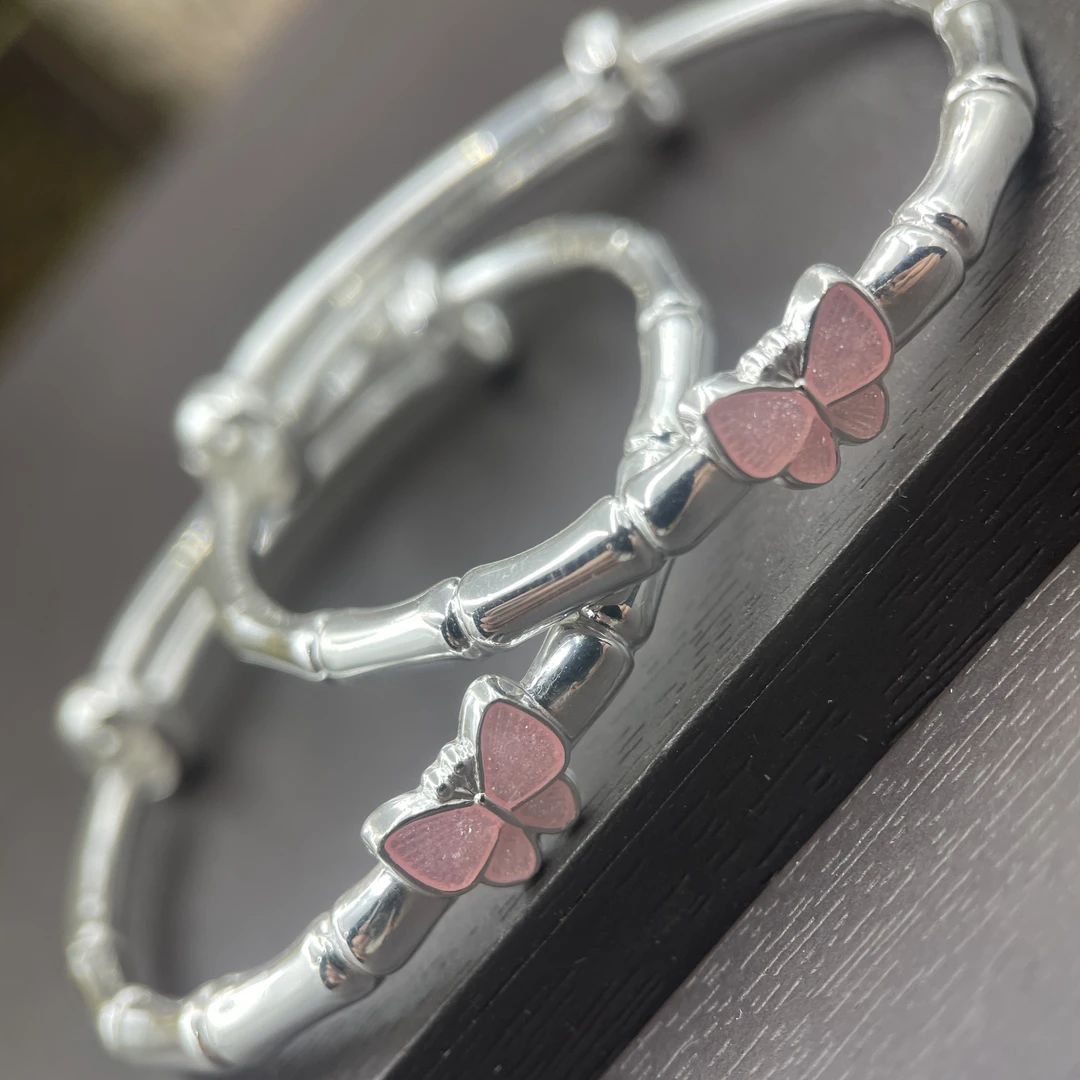 足银手镯 59号足银999.9亮面竹节宝宝银手镯儿童蝴蝶送礼物约24克