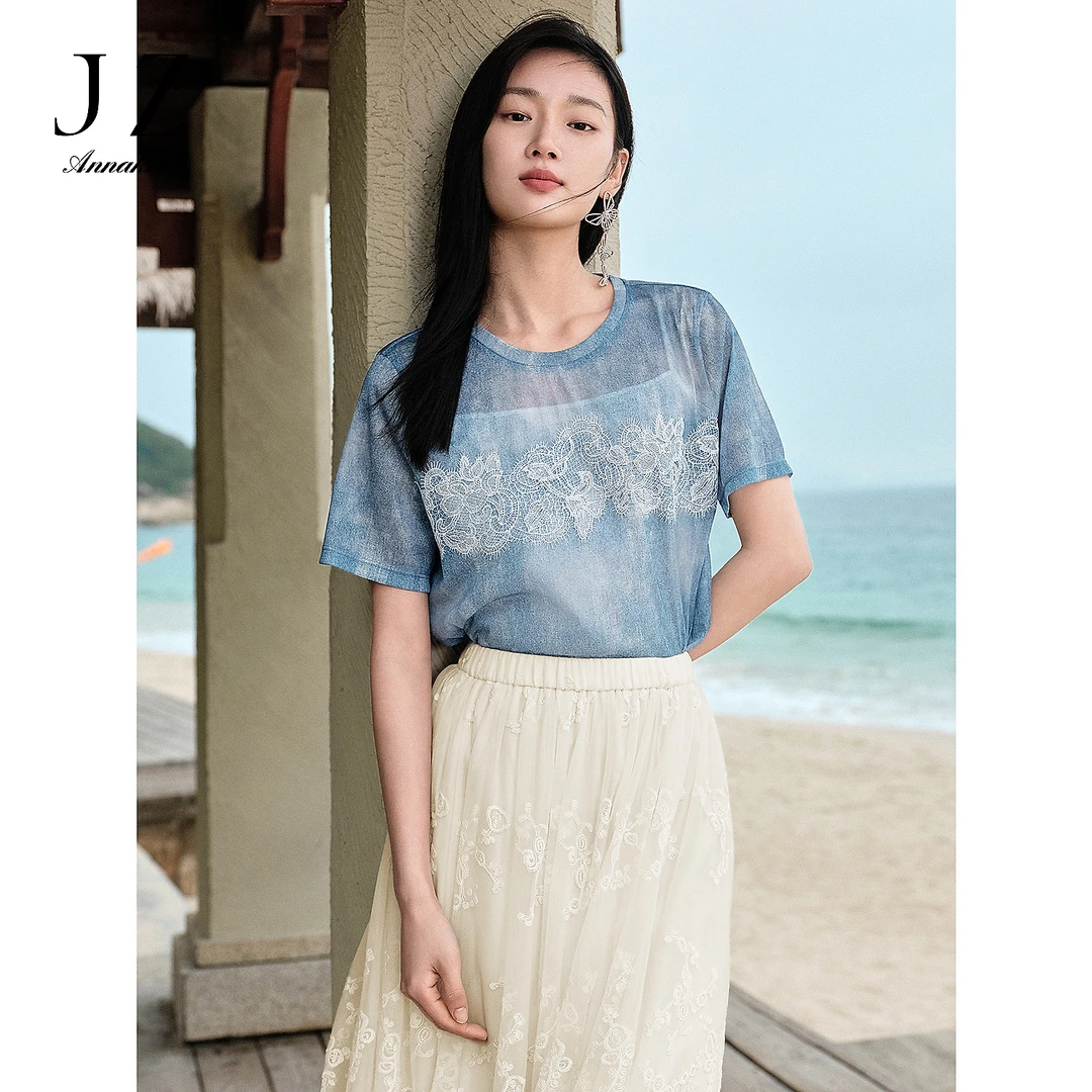 【婷婷专属】玖姿安娜蔻KWFX83248优雅蕾丝圆领网布短袖T恤女