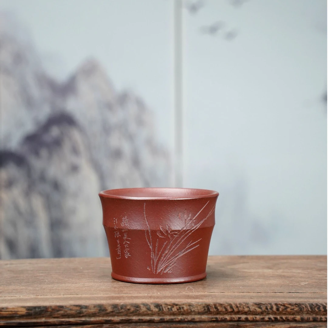兰花竹节主人杯红泥紫砂杯/80cc龙血砂泥料/宜兴紫砂茶杯茶具