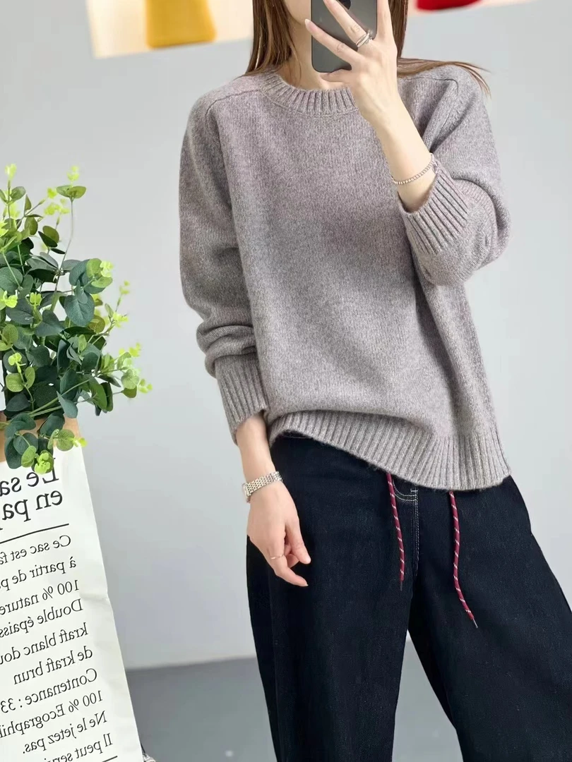 【一眼万年】女士加厚花纱圆领羊绒衫秋冬潮牌时尚轻奢保暖毛衣6068