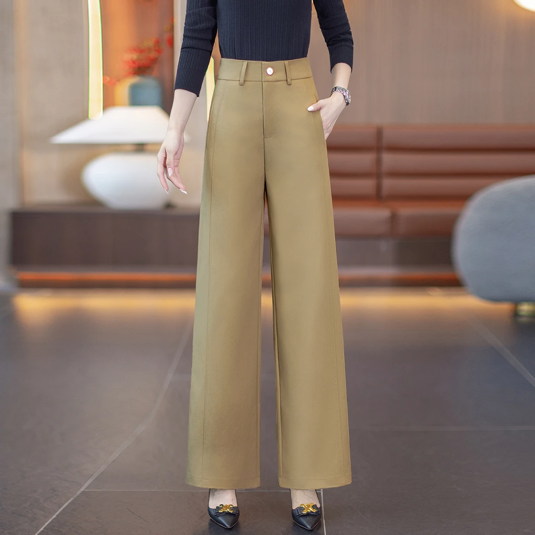 V/雅鹿口袋高腰休闲裤子女秋季百搭天丝长裤宽松直筒裤窄版阔腿裤