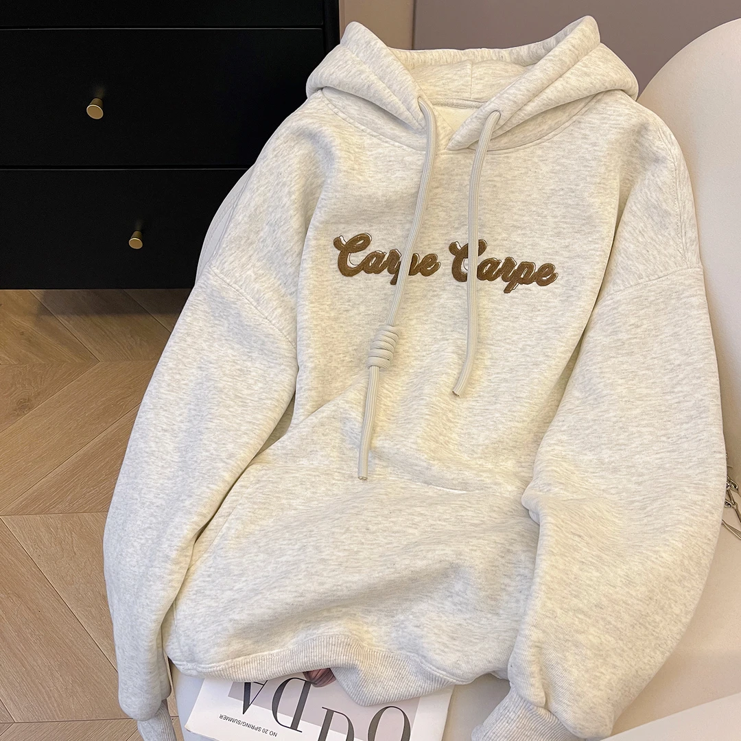 小C家 植绒字母连帽加绒卫衣女2025新款秋冬大版宽松休闲套头上衣