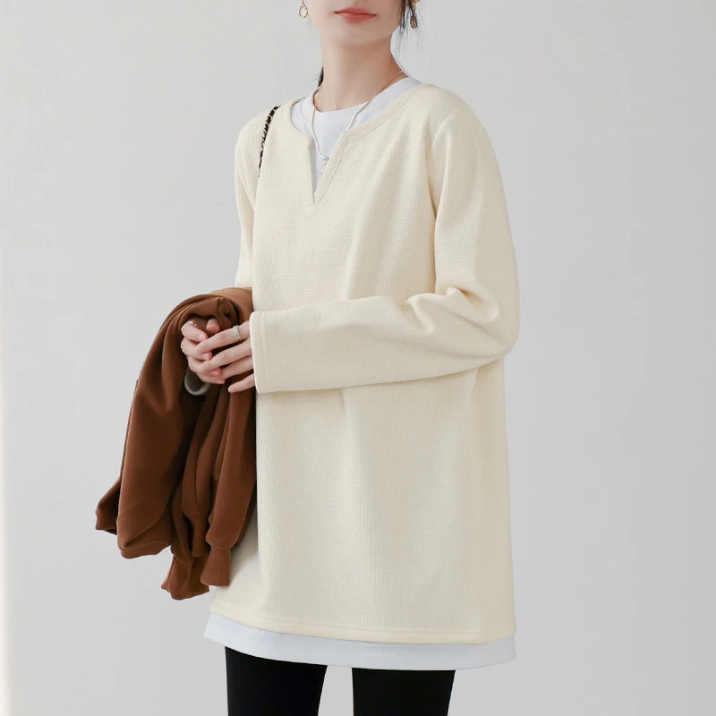 华夫格加绒假两件女中长款打底衫秋冬撞色叠穿设计感卫衣宽松上衣