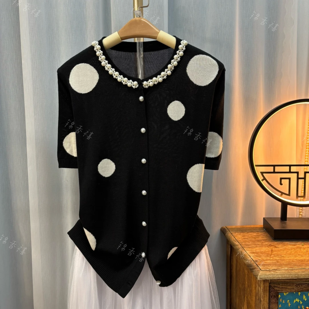 [V755-2赫本波点]重工金典气质百搭针织开衫女