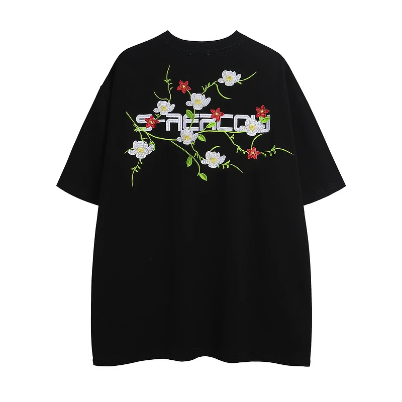 美式复古潮流个性花卉字母刺绣圆领短袖T恤欧美街头中性风短t恤夏