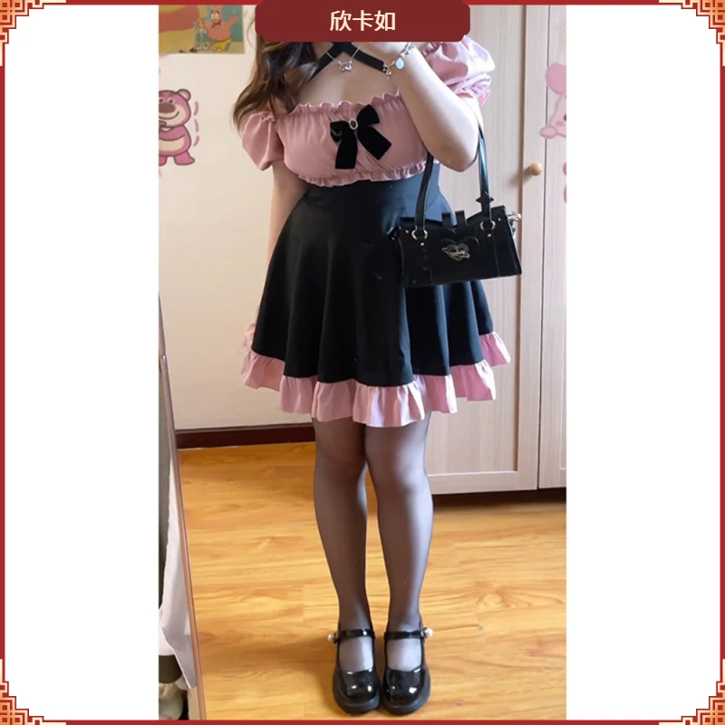 I大码法式连衣裙夏季微胖显瘦收腰一字肩感风情万种甜辣裙子女I