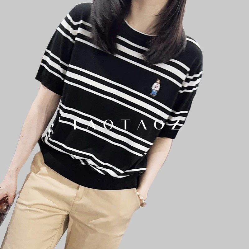 薄款绢丝刺绣小熊人休闲减龄宽条纹T恤夏季新款 宽松显瘦百搭体恤