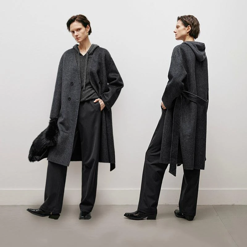 【女装优选WH】MM麦檬通勤V领中长款双排扣毛呢外套大衣女5EA270361