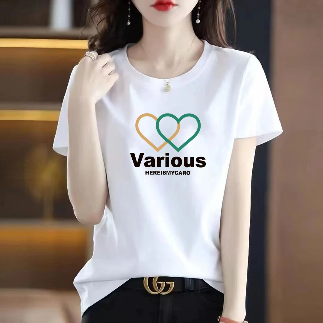 高档纯棉短袖T恤女款宽松休闲夏日新款圆领时尚韩版半袖打底衫ins