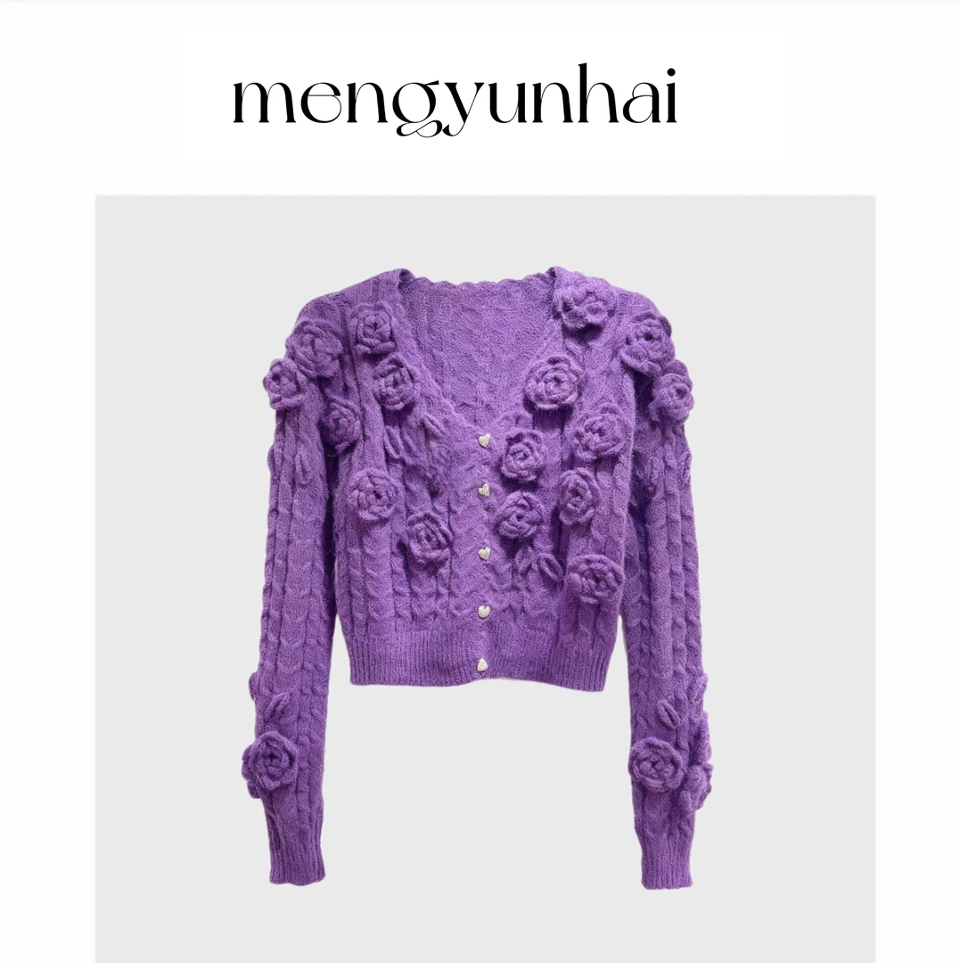 秋冬季绵羊毛手钩花短款百搭长袖气质毛衣开衫