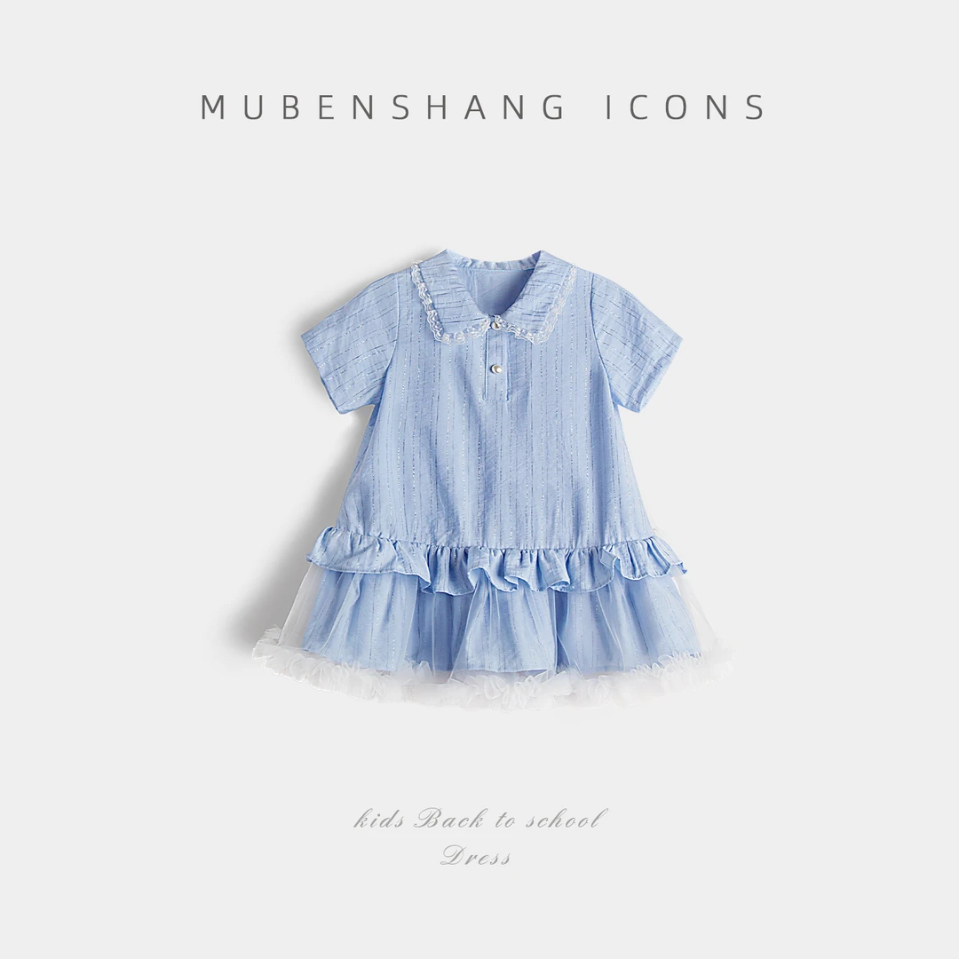 木本尚2025女童时尚甜美衬衣领口蕾丝边珍珠纽扣宝宝连衣裙