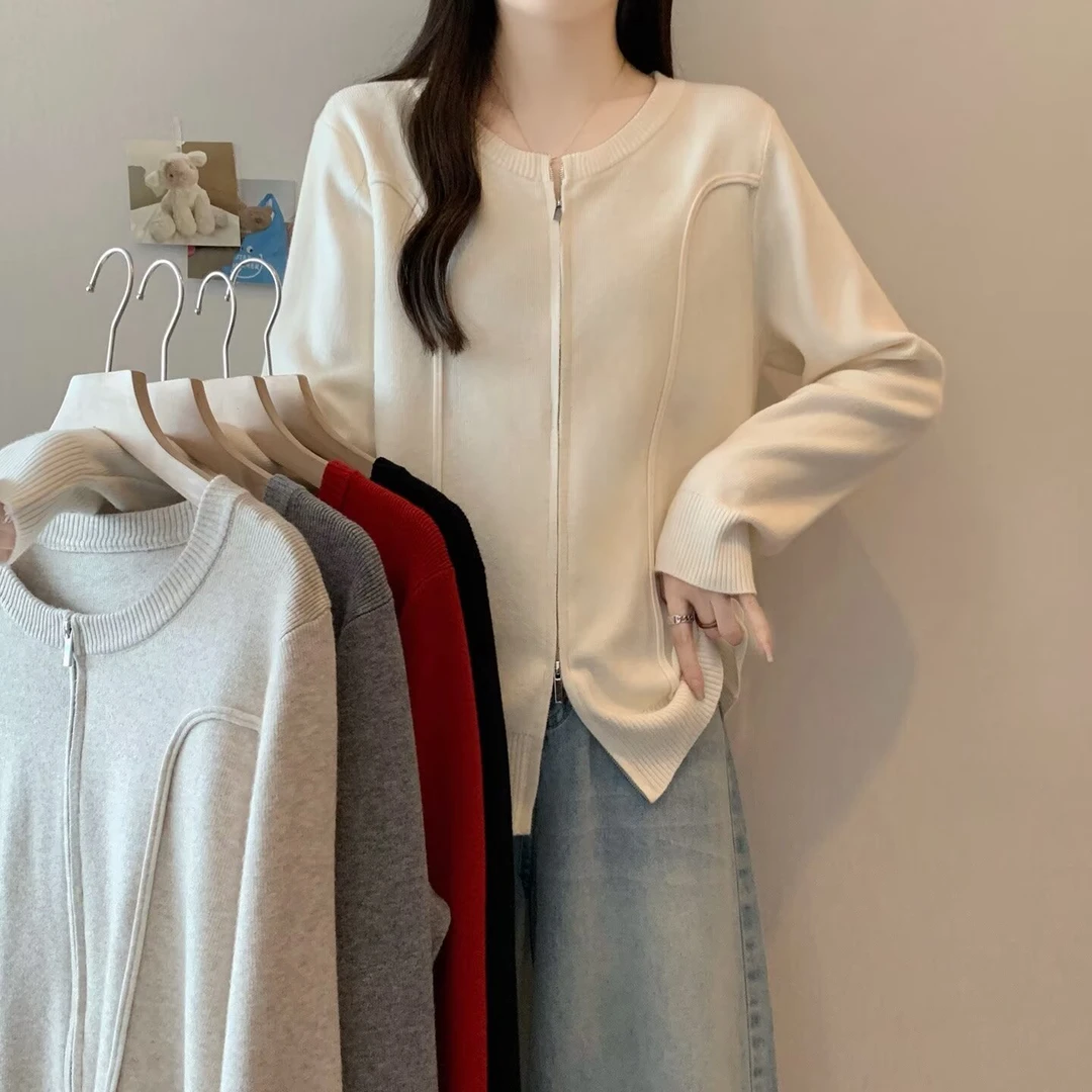 JIANAOBEN/简澳本大码女秋冬新款宽松圆领针织衫加厚拉链毛衣外套