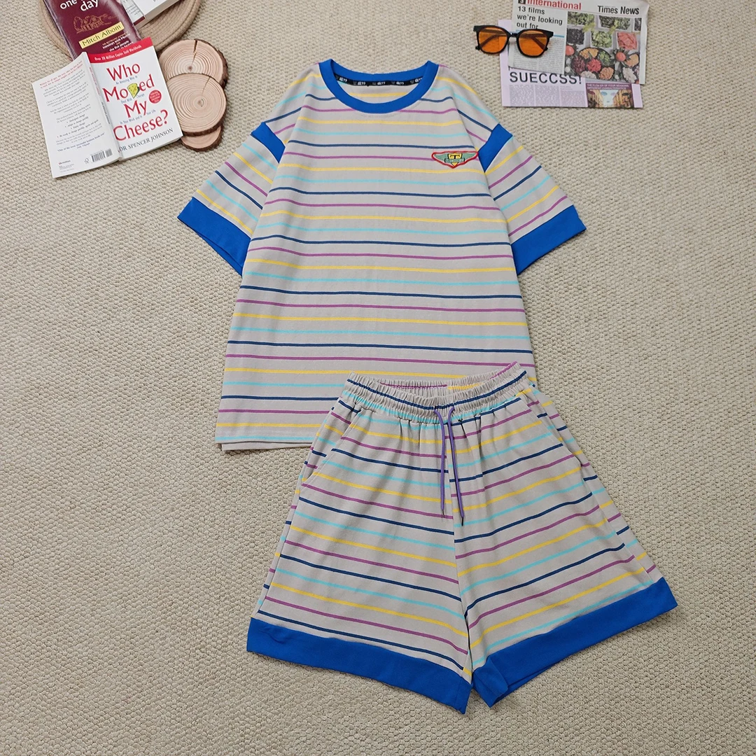 2025夏季新款休闲宽松条纹拼色短袖套装2691