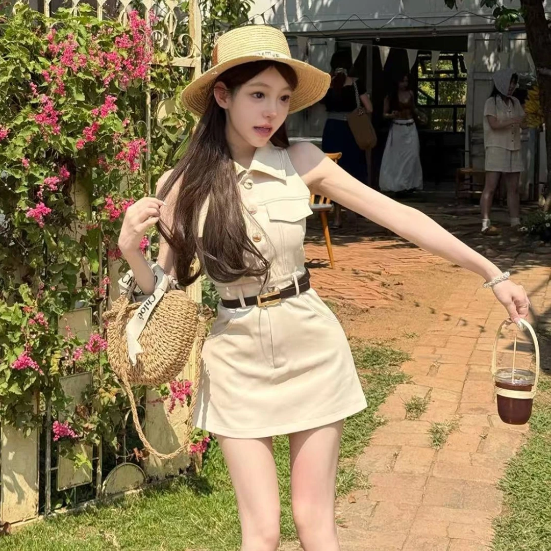 重工轻奢收腰无袖背心连衣裙女2025夏季新款显瘦气质中高腰包臀裙