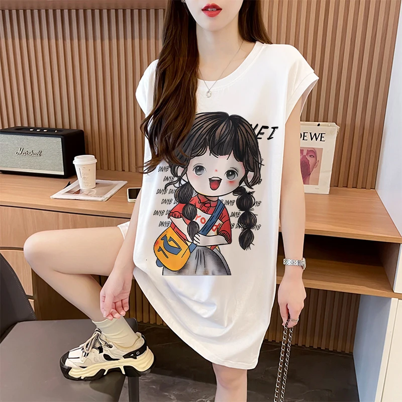 设计感卡通减龄坎肩T恤裙女夏季韩版宽松百搭中长款无袖纯棉上衣