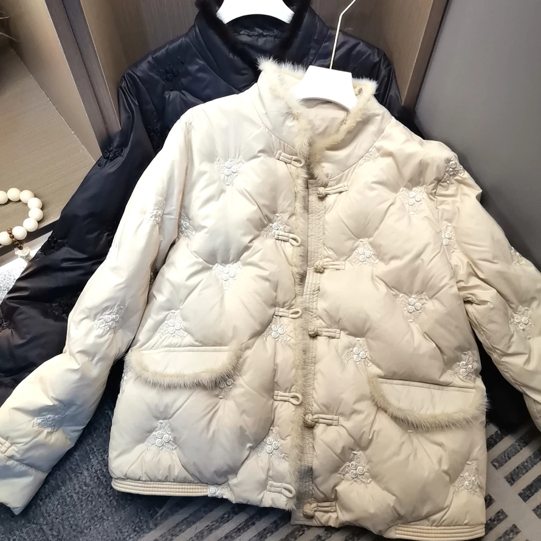 冬季羽绒服女款休闲百搭貂毛拼接鸭绒上衣外套7456