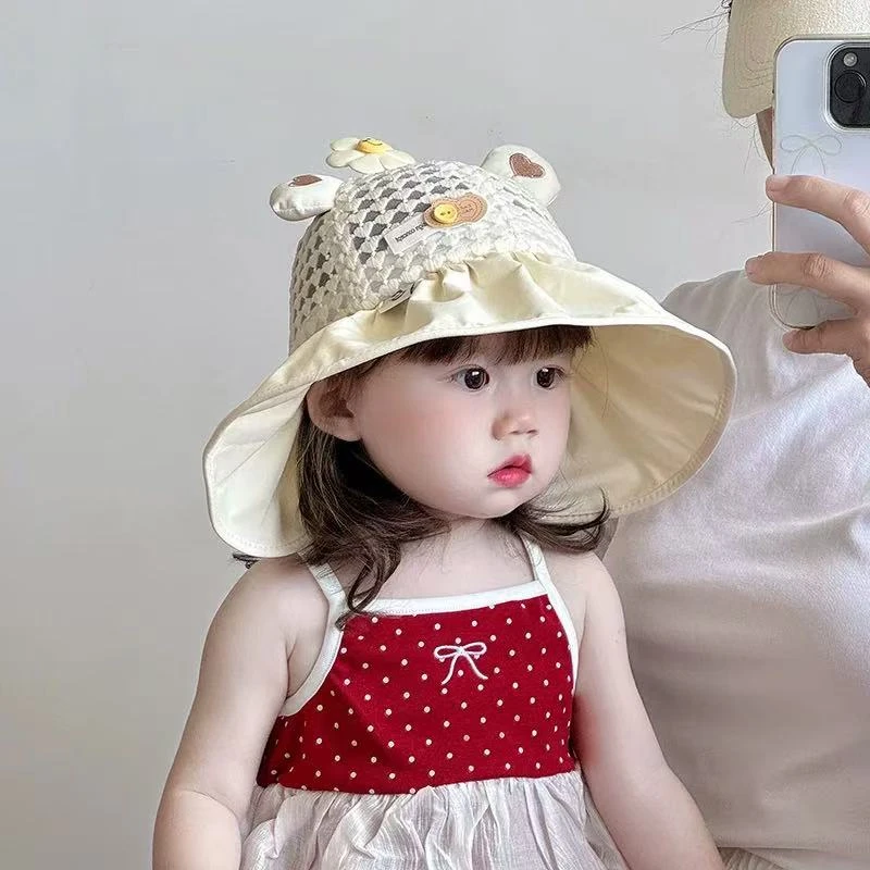 婴儿防晒帽子夏季女童网眼太阳帽大帽檐女宝宝夏天薄款外出遮阳帽