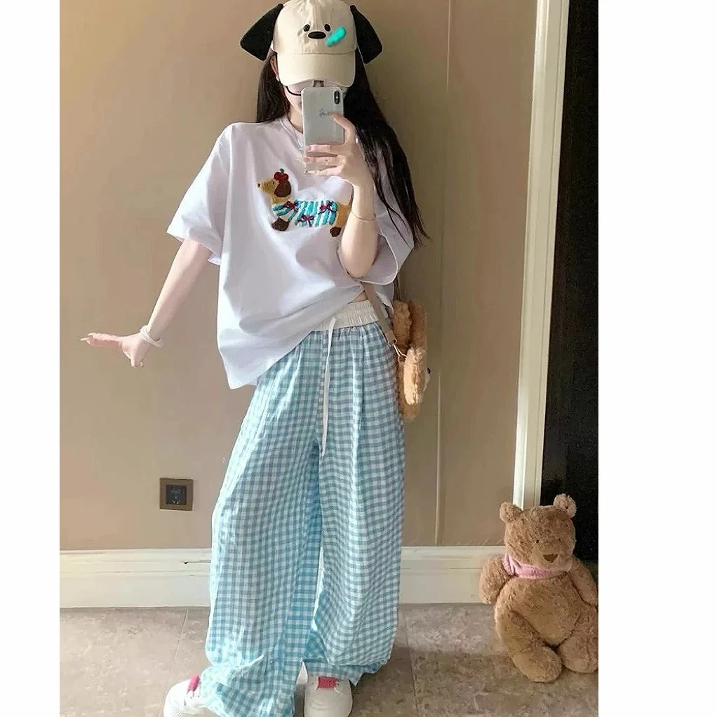 撞色格子裤欧若风女2025春夏新款宽松休闲抽绳高腰显瘦垂感拖地裤