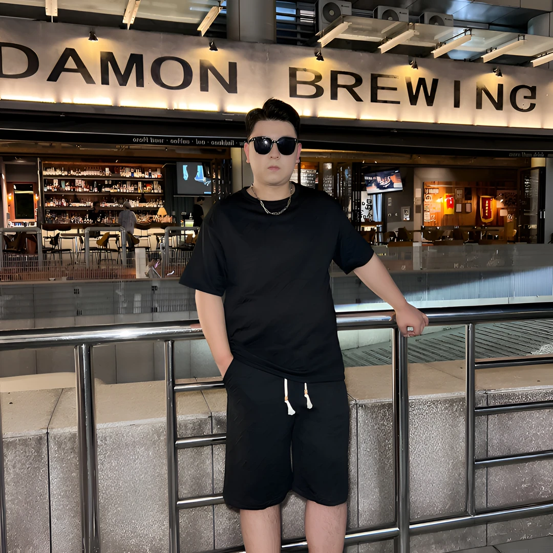 (两件套)夏季款高克重印花短袖T恤男大码肌理感五分裤套装HQ25440