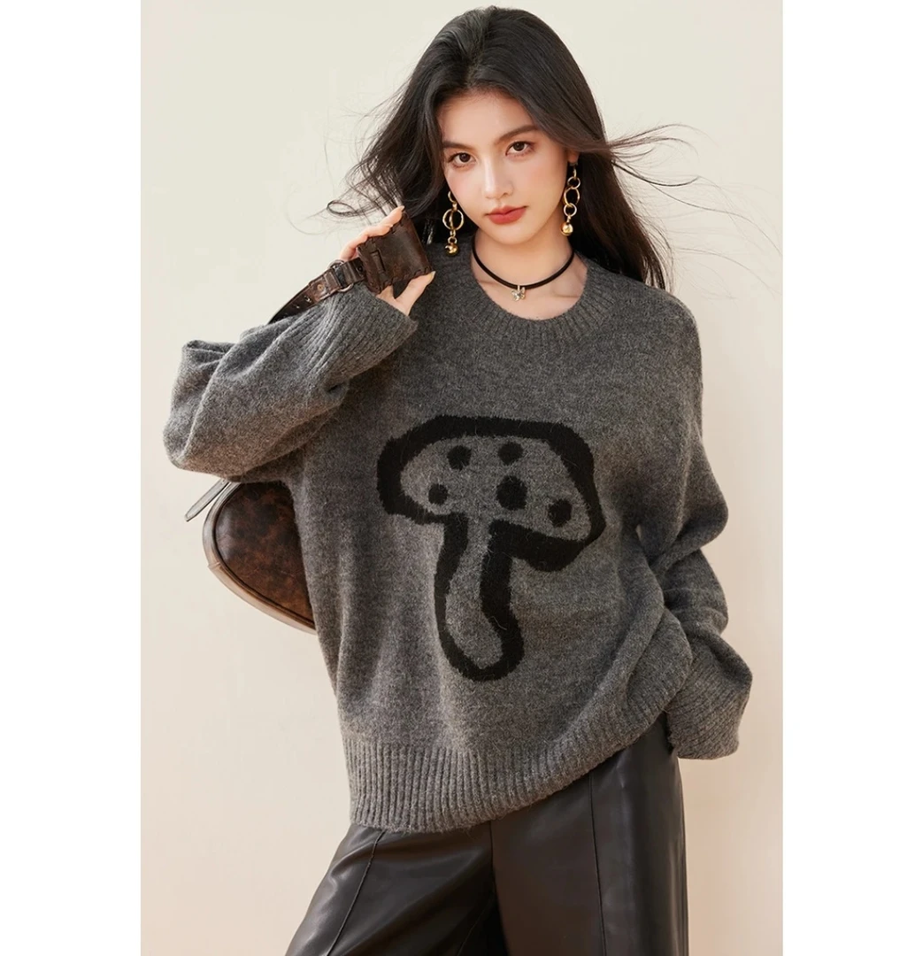 欧货毛衣蘑菇慵懒风上衣落肩袖毛衣纯色针织圆领