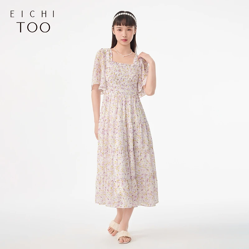 A爱居兔夏季法式方领时尚短袖短袖连衣裙EQLBJ2N086A