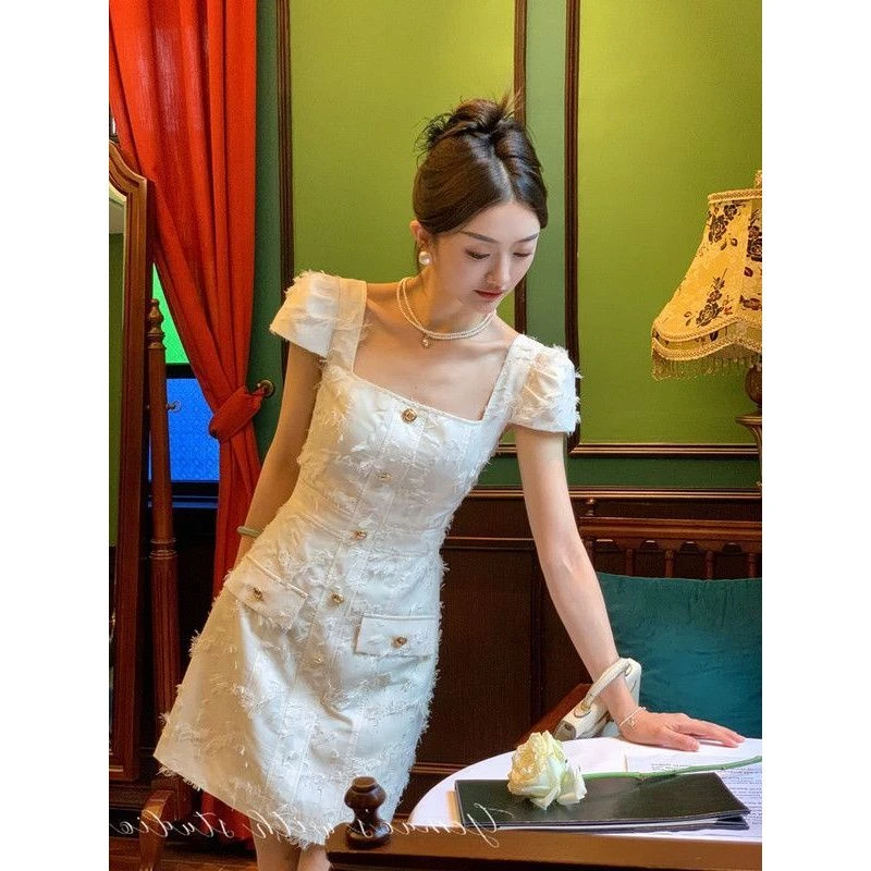 哥弟阿玛施正品【断码】轻奢高级感方领毛毛连衣裙女夏季新款小香