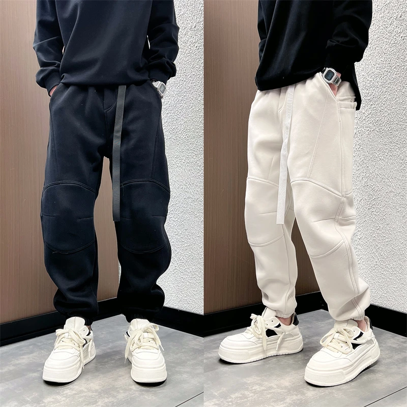 秋冬新款加绒加厚休闲裤男士痞帅腰带收口束脚裤宽松拼接运动卫裤