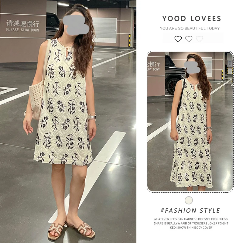 法式花朵刺绣高级无袖连衣裙夏季水滴圆领设计时尚慵懒宽松小短裙