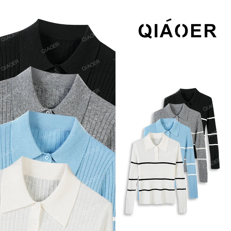 乔儿定制【简易随性】30绵羊毛细坑条16针长袖百搭针织衫条纹POLO衫