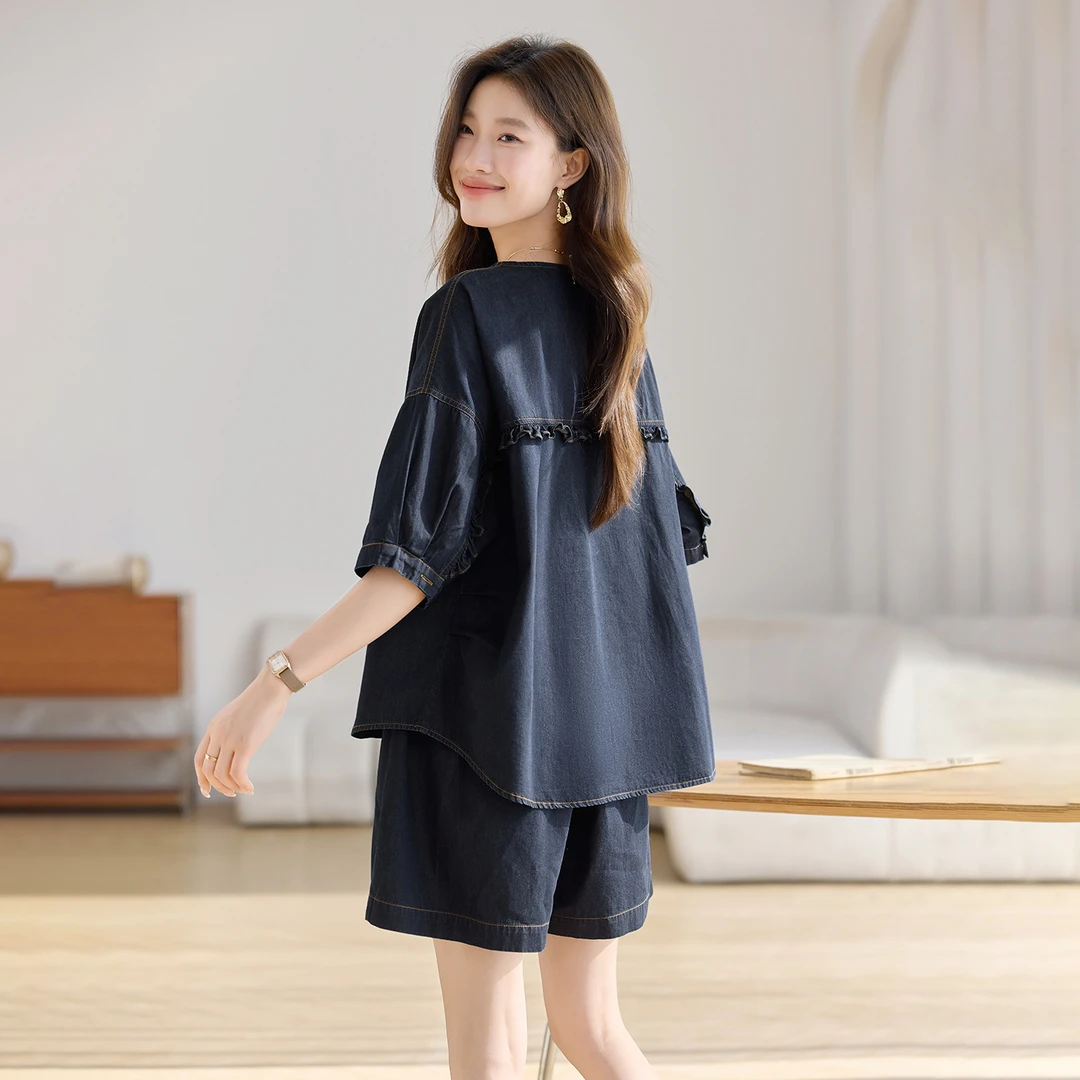 小个子纯棉牛仔套装女夏季新款今年流行的爆款短裤一整套两件套薄