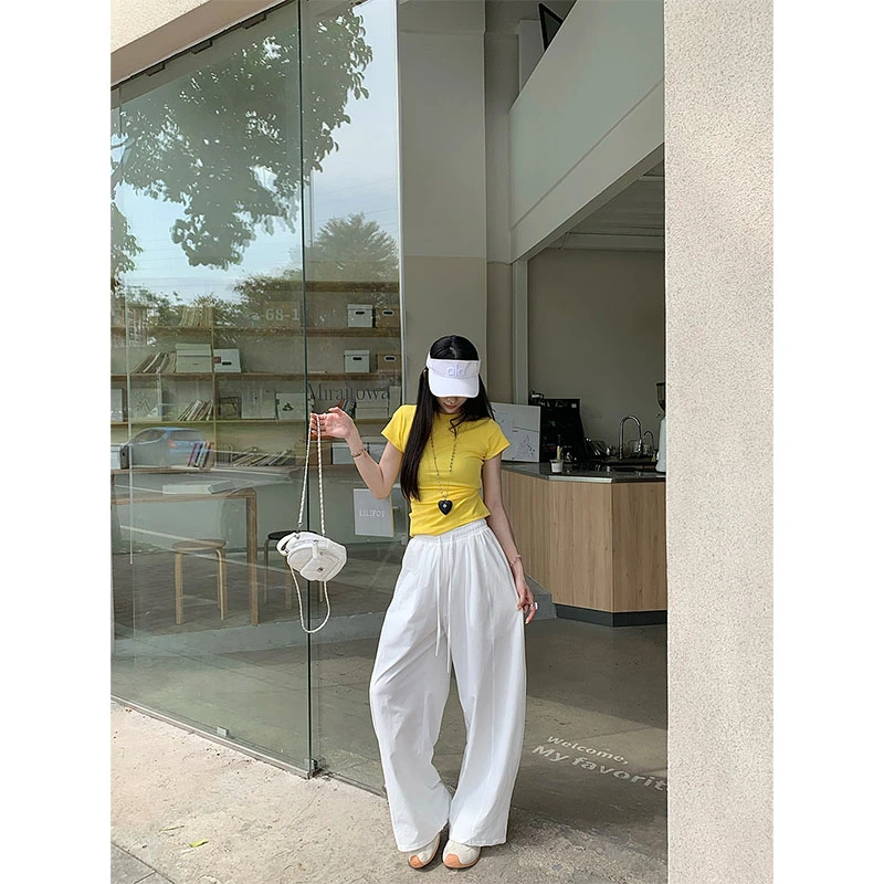 夏季新款休闲百搭简约时尚气质正肩短袖上衣高腰垂感直筒裤长裤女