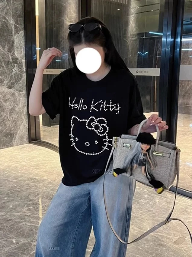 루루가−（kitty珍珠）韩国东大门夏季珍珠kitty韩系百搭不掉钉珠T恤女