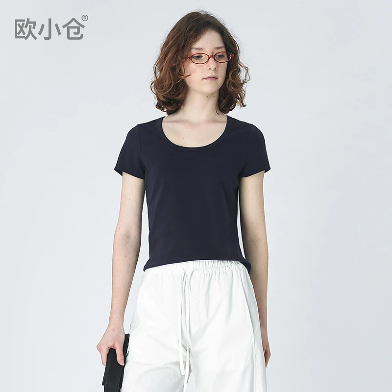欧小仓天鹅颈棉质不走光 松弛感简约 短袖正肩U领T恤 6125