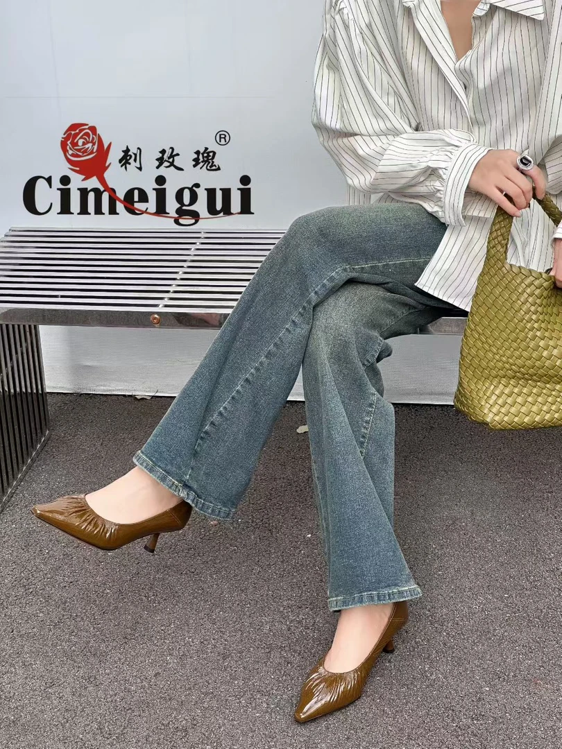 浅口磨砂皮褶皱细跟春季尖头单鞋夏季胶粘粘胶鞋防滑