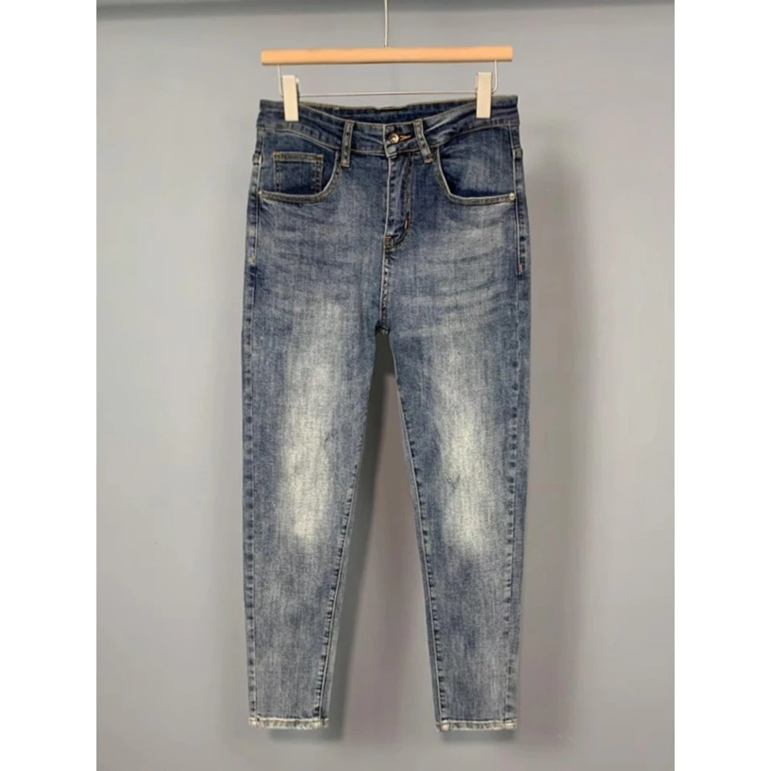 春秋覆古蓝色牛仔裤男士修身小脚弹力格纹韩版容易搭配休闲时髦覆