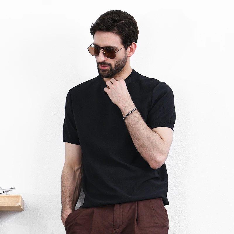 汉絮夏季透气冰丝圆领短袖T恤男款纯色休闲百搭针织衫男体恤衫潮