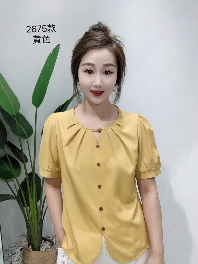 2025夏季新款圆领简约短袖衬衫时尚气质显瘦上衣女#2675