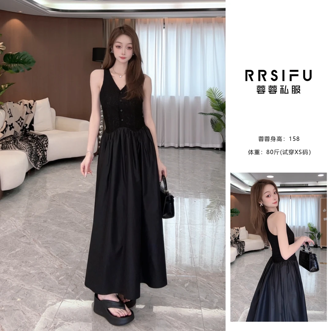 【RRSIFI蓉蓉专属】XS2391法式气质挂脖连衣裙子蕾丝拼接收腰长裙