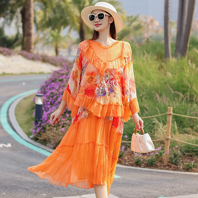 拜占庭的森林时尚百搭气质女轻奢拼接两件套桑蚕丝印花刺绣套装裙