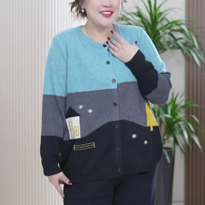 千绒纱拼色针织衫韩系大码减龄软糯海岛小房子开衫秋季短款外套女