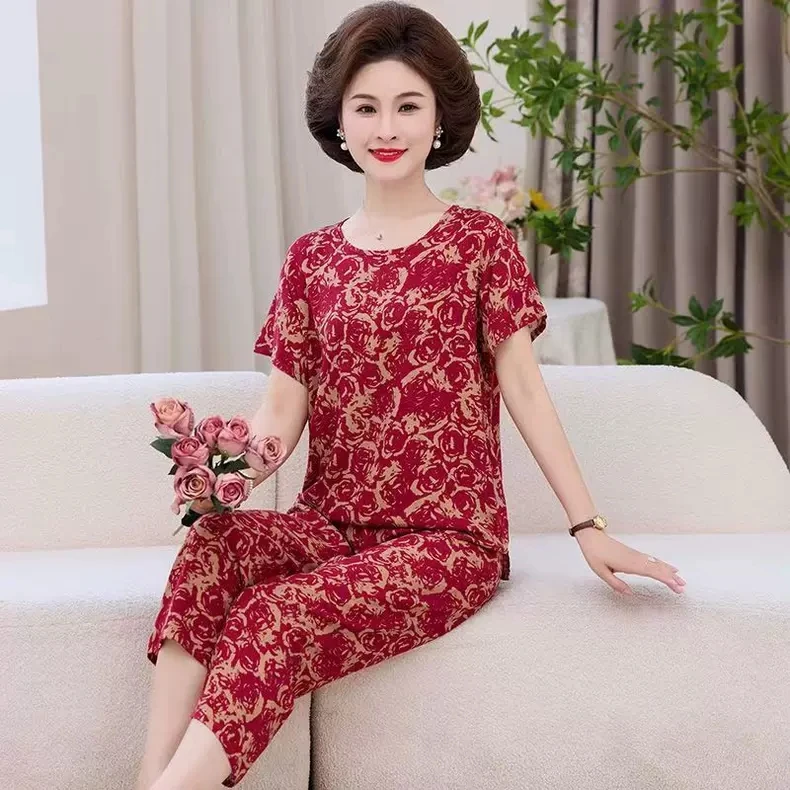 A14妈妈装夏季薄款新款女士棉绸家居服套装中老年人短袖衣服两件