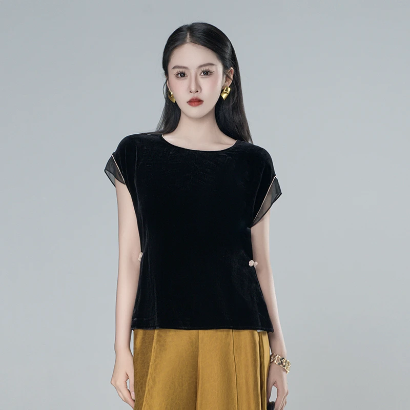 100真丝（茗昭）丝绒老钱风新中式气质时尚套头圆领上衣61299