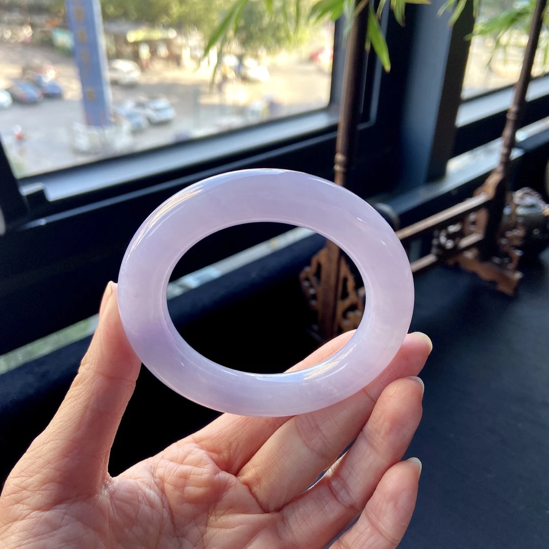 好色珠宝 圈口54缅甸老坑A货糯冰种粉春女款翡翠手镯