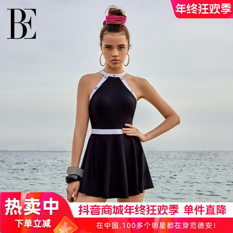 BE范德安小黑裙系列2025新品连体遮肚裙式女士挂脖式防晒修身显瘦