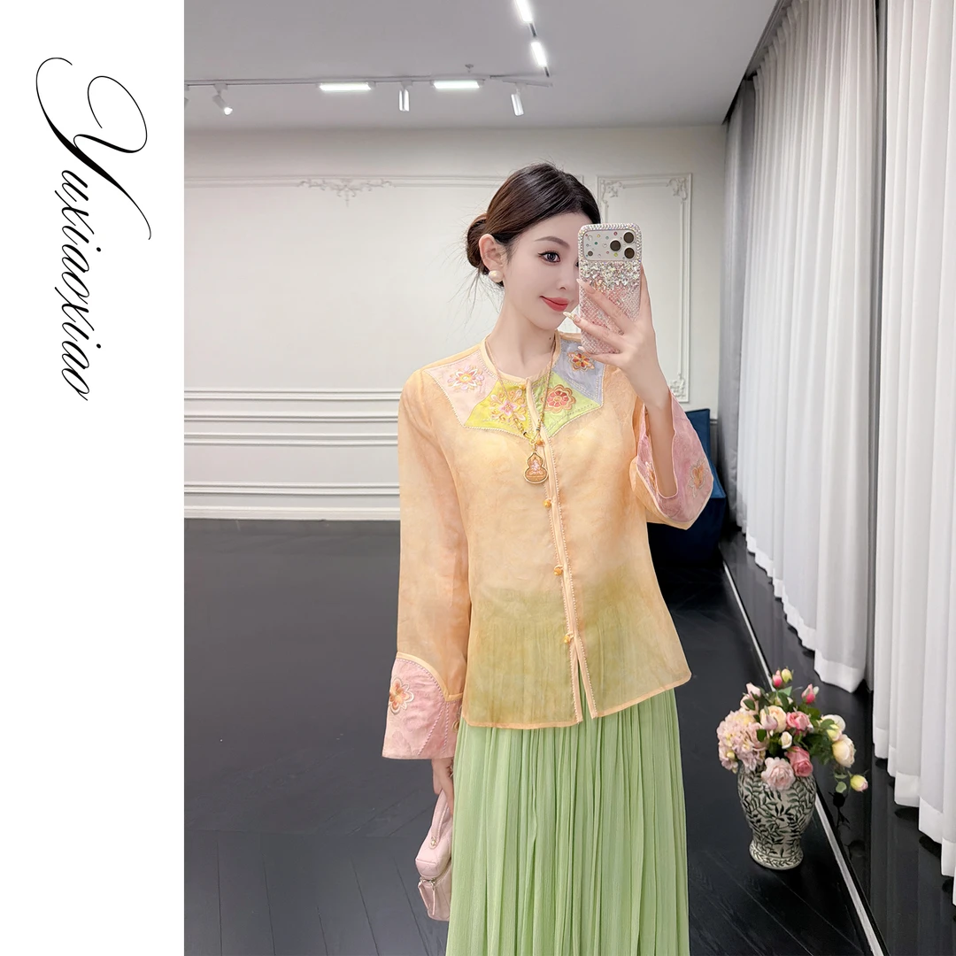 余潇潇【游园惊梦】新中式100桑蚕丝国风花卉刺绣宽松圆领衬衫上衣